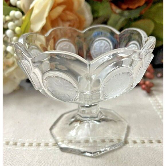Vintage Fostoria Coin Dot Pedestal Compote Crystal Clear Glass - Picture 1 of 5
